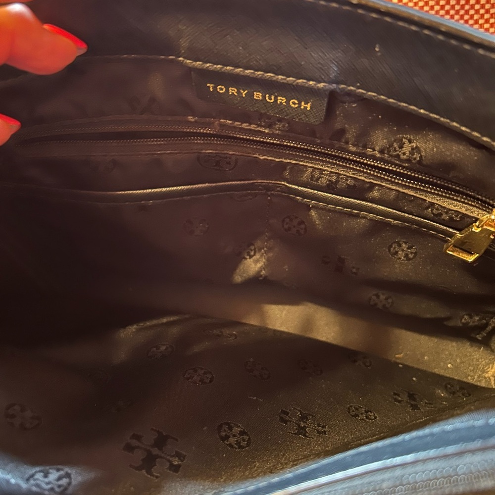 Tory Burch Black Leather Double-Handle Tote with Gold Logo - Picture 7 of 8